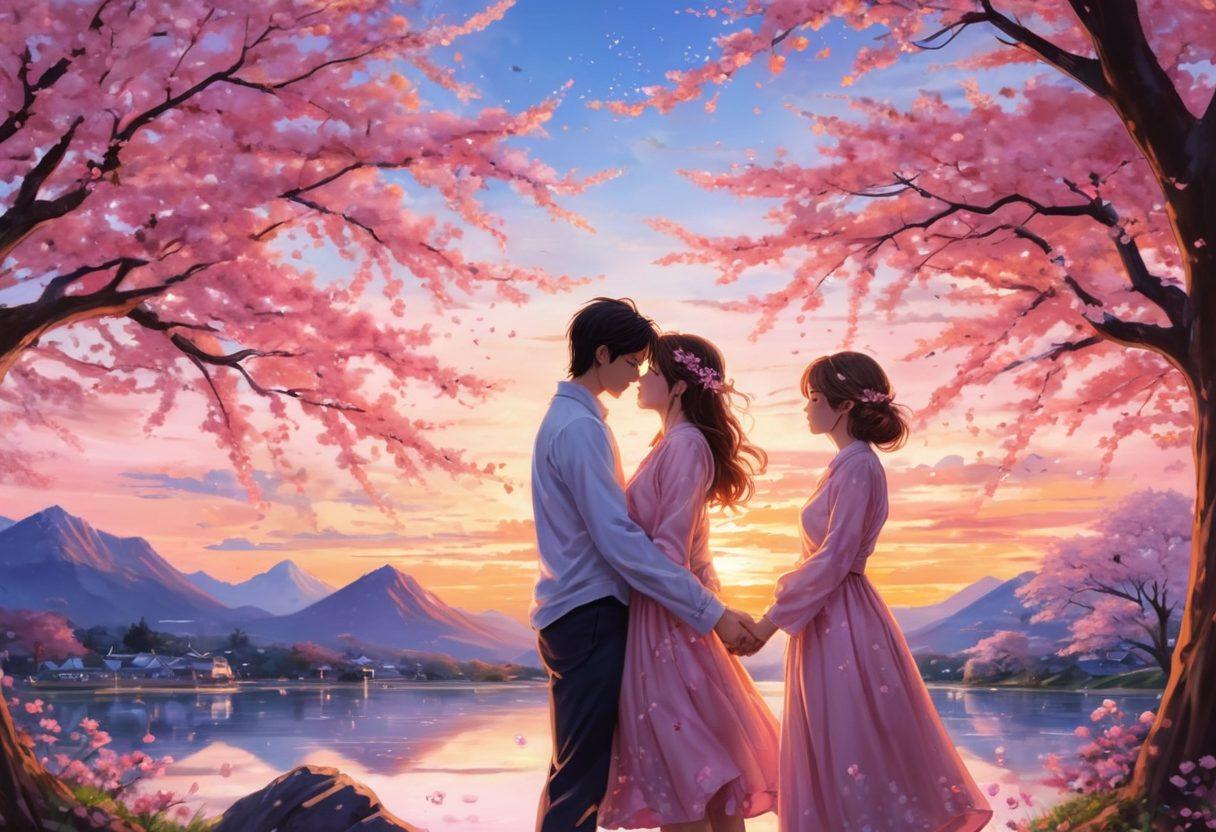 A beautifully illustrated scene featuring iconic anime and manga couples gazing into each other's eyes, surrounded by vibrant cherry blossoms and dreamy pastel skies. Incorporate symbolic elements that represent their love stories, such as intertwining vines or stars. The couples should exhibit diverse styles and emotional expressions, evoking a sense of adoration and devotion. Use a soft, romantic color palette. painting. vibrant colors.