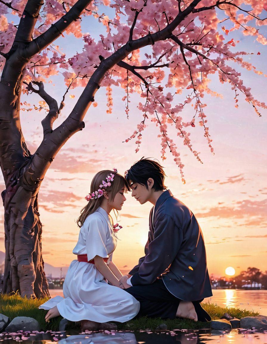 A heartwarming scene featuring two anime characters sharing a tender moment under a cherry blossom tree, surrounded by floating petals that symbolize love. The background includes soft colors to evoke nostalgia, with hints of dramatic sunset hues. Incorporate elements like manga panels and sketch styles subtly framing the characters. Thoughtful expressions on their faces showcase deep emotional connections. vibrant colors. super-realistic. manga art style.